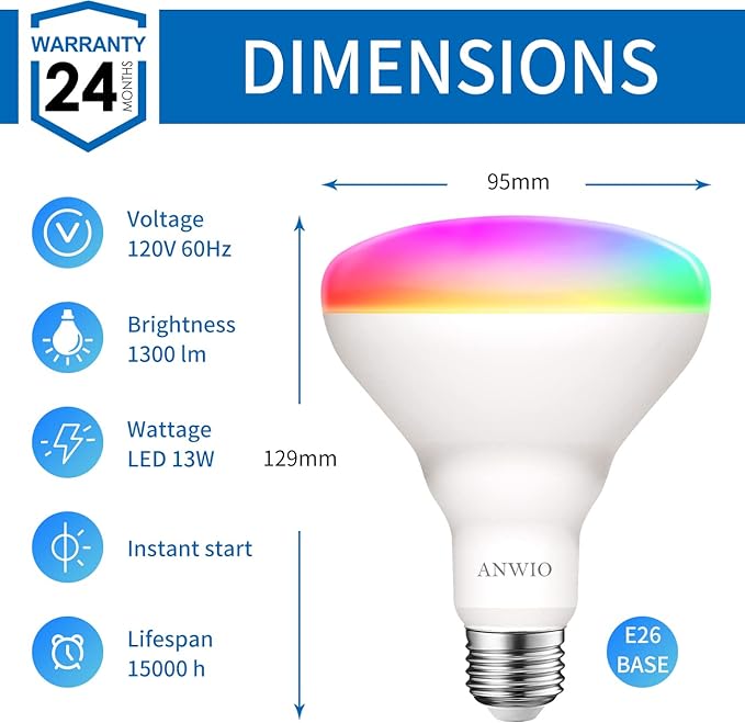 ANWIO Smart Light Bulb BR30 RGB Color Changing LED WiFi Dimmable Multicolor Light Bulbs E26 Base, Compatible with Alexa, Google Assistant, No Hub Required, 1300 Lumen 13W (100W Equivalent) 4 Pack