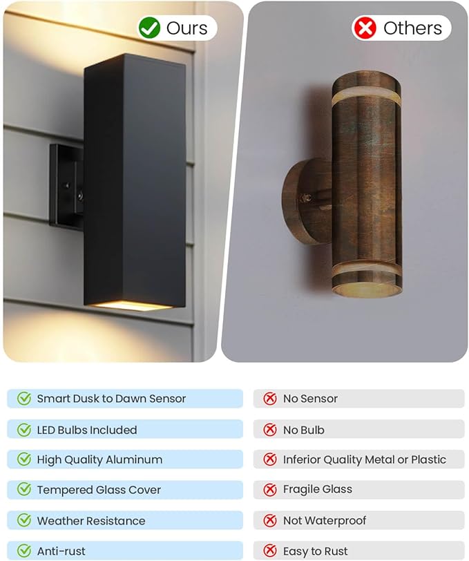 KIZON Dusk to Dawn Outdoor Lighting, Modern Outdoor Wall Light Up and Down Lights with LED Bulbs, Square Sconce Matte Black Exterior Lighting Fixture Wall Mount for House Porch, ETL Listed