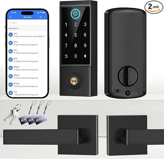 BEBASIA APP Control Fingerprint Lock with Handle, Heavy Duty Smart Keyless Entry Front Door Lock Set, Keypad Deadbolt with Lever Handles, Smart Locks for Front Door, Anti-Peeping Password Black