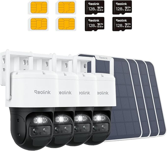 REOLINK 4K 4G LTE Dual Lens Cellular Security Camera +128GB SD Card - 4Pack, Auto Tracking, No WiFi Solar Powered, 6X Hybrid Zoom, 8MP Color Night Vision, SIM Card Included, TrackMix LTE Solar Kits