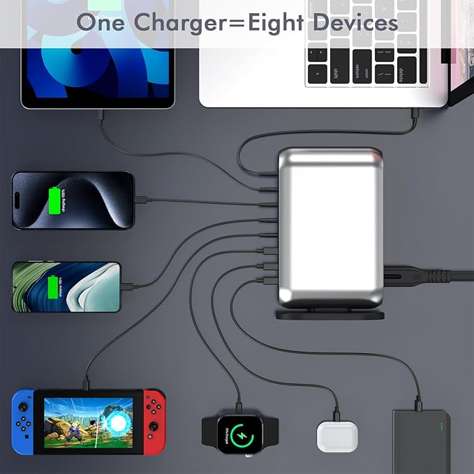 USB C Charger Block, 180W GaN 8-Port Fast Charging Station Hub for iPhone 15 14 13 12 Pro Max iPad, Galaxy S23/22 PD 65W Laptop Charger Adapter Compatible with MacBook Pro/Air,DELL,Steam Deck Multiple