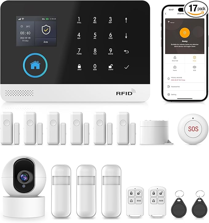 Wireless Home Security System, 17-Piece Kit, Outdoor Camera, Phone APP Alert, Door Sensor, Siren, Remote, Motion Detector, Compatible with Alexa (103-D-T53)