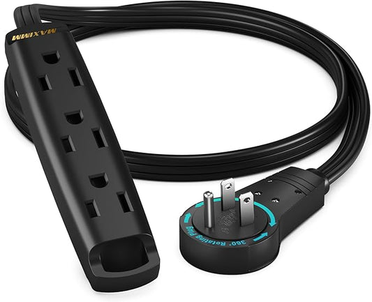 Maximm 360 Degree Rotating Flat Extension Cord 1 Ft Multi 3 Outlet Power Cord with Loop, Grounded 16 AWG UL Certified, Black