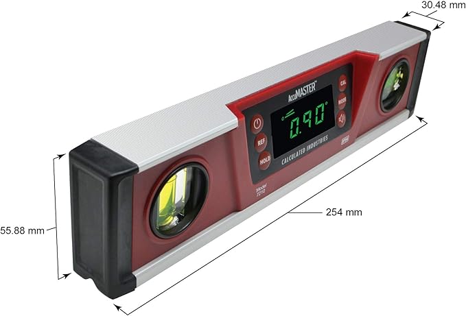 Calculated Industries 7210 AccuMASTER PRO Digital Torpedo Level and Protractor | 10” Inch | Neodymium Magnets | Bright LED Display | IP54 Dust/Water Resistant, Red