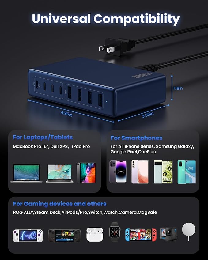 200W USB C Charger Block,GaN IV Charging Station 8 Ports,QC4.0 Fast Charging Station Hub+PD 65W USB C Laptop Charger Adapter Compatible with MacBook Air/Pro,DELL,iPhone 16/15,iPad,Steam Deck-Deep Blue