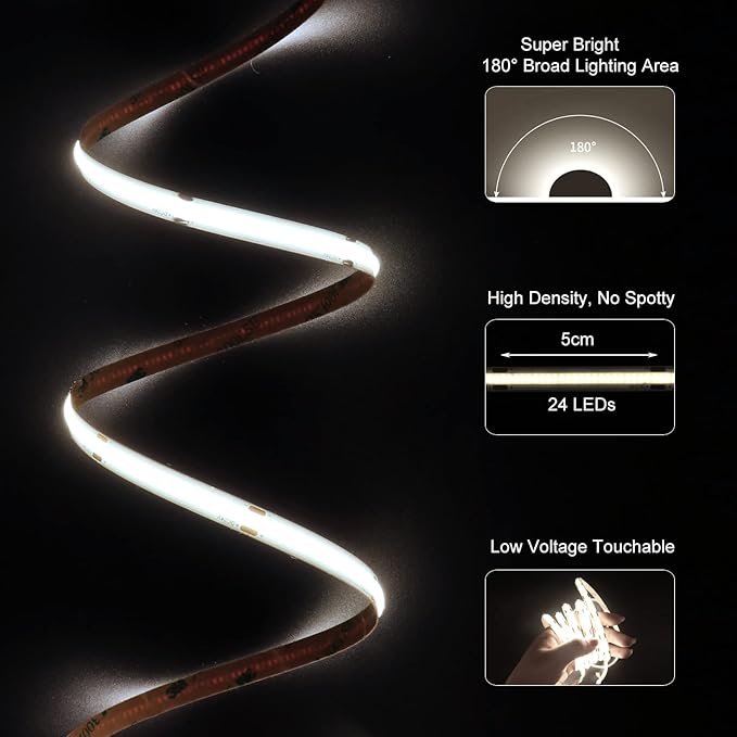 COB LED Strip Lights 2880LEDs, Bright COB Lights 20ft LED 6500K Cool White Dimmable LED with RF Remote Under Cabinet Lighting for Bedroom Counter Kitchen