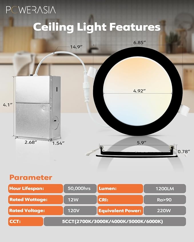 12 Pack Recessed Lighting 6 Inch with Junction Box, 5CCT 6 Inch Black LED Recessed Lights Dimmable 2700K/3000K/4000K/5000K/6000K, 15W1200lm Ultra Thin Recessed Lighting - ETL and Energy Star Certified
