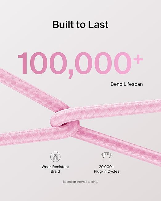 Belkin USB C to USB C Cable, 3.3ft, 60W - Type C Charger, iPhone Charger Cord, Soft, Braided, Flexible for iPhone 16, Galaxy S25, Pixel 9, Airpods, iPad Pro, Tablet & More, Travel Essentials - Pink