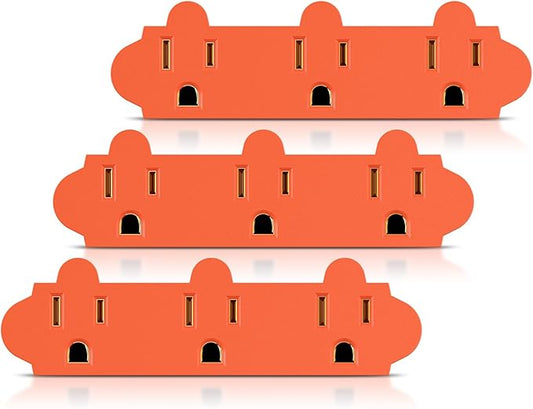 ETL Listed 3 Outlet Grounding Adapter, BTU Three Plug Outlet Adapter Splitter, Heavy Duty Grounded Power Tap, 3-Prong Outlet Adapter, Multi-Plug Extender, Orange (Pack of 3)