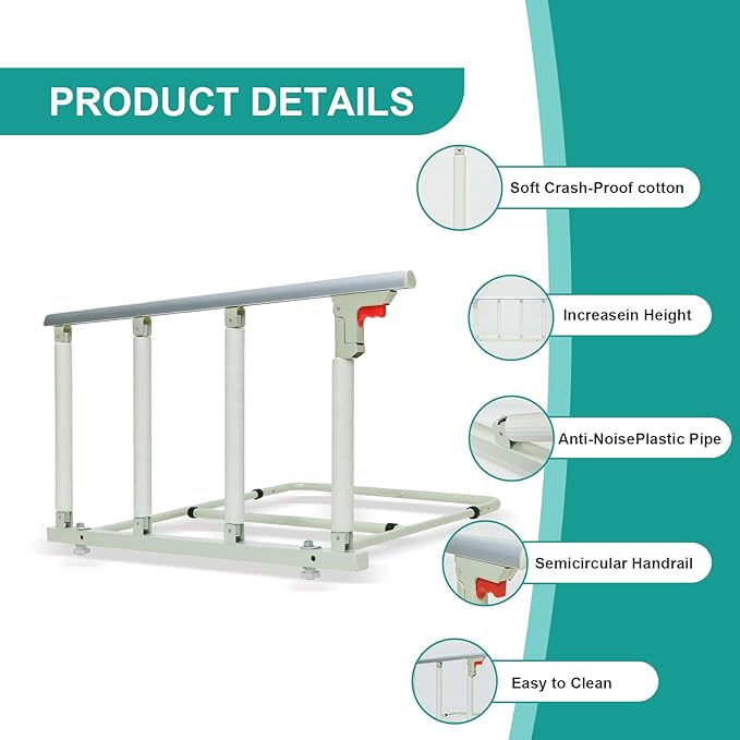 37.8" x 16.3" Folding Bed Rail for Elderly Adults with Safety Guard & Assist Handle for Fall Prevention, Fits Twin Full Queen King Beds