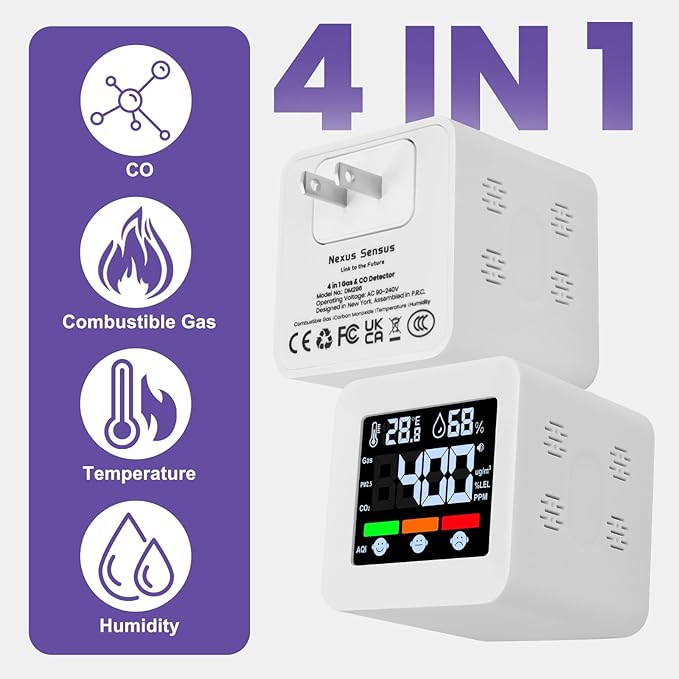 Plug-in 4-in-1 Gas & CO Detector with Temp/Humidity - Natural Gas, Propane & Methane Detector for Home, RV & Apartments (1, White-Beep Edition)