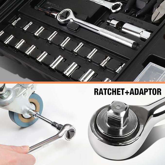 DNA MOTORING 160pcs Mechanic Tool Socket Wrench Set, SAE and Metric Socket Wrench Set, Tool Box Case for Home, Auto and Bike Repair, Orange, TOOLS-00023