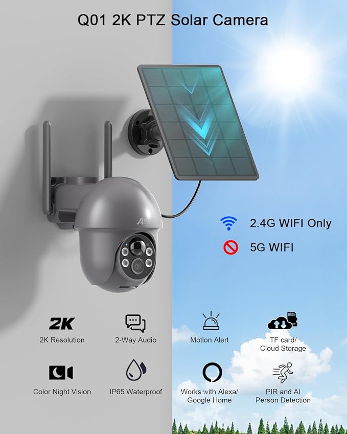 ANRAN 3MP Security Camera Wireless Outdoor, 2K Solar Outdoor Camera with 360° View, Smart Siren, Spotlights, Color Night Vision, PIR Human Detection, Pan Tilt Control, 2-Way Talk, Q01 Grey 2 Packs