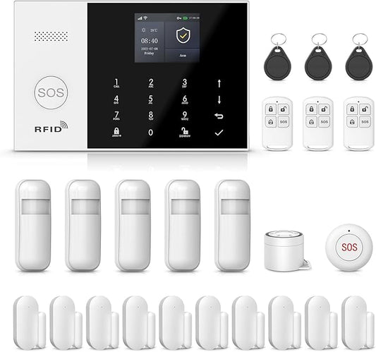 24 Piece Home Security System,Wireless Alarm System with Door Sensor,Motion Detector,Loud Siren,SOS Button,Remote,4G SMS/Phone App Alerts,Work with Alexa&Google for Villa,Apartment,House
