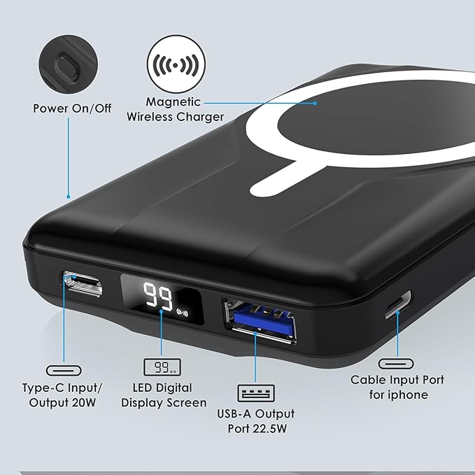 Azmuth Wireless Portable Charger with Stand, Slim 10000mAh Magnetic Power Bank for Magsafe, 22.5W Fast Charging Battery Pack Compatible with iPhone 16/15/14/13/12 Series