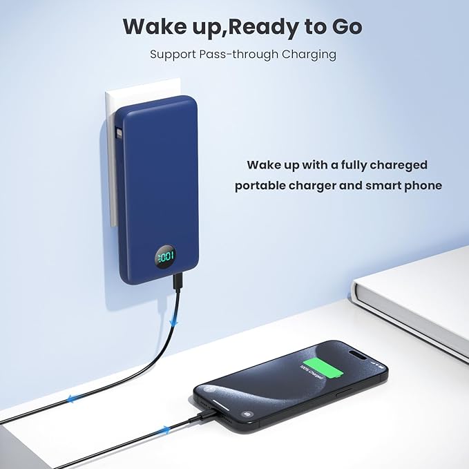 Portable Charger 13800mAh Slim USB C Power Bank with Built in Cables and Wall Plug,LCD Display Lightweight Travel Battery Pack,PD Fast Charging Compatible with iPhone 15,14,Samsung Android-Navy