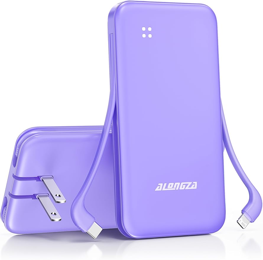 Alongza Portable Charger Built-in Cables and AC Wall Plug, Slim Fast Charging Power Bank 10000mAh, Lightweight USB C External Battery Pack Compact Travel Cell Phone Charger