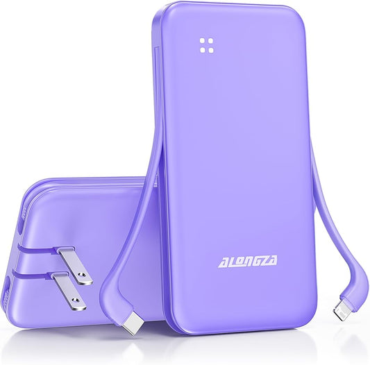 Alongza Portable Charger Built-in Cables and AC Wall Plug, Slim Fast Charging Power Bank 10000mAh, Lightweight USB C External Battery Pack Compact Travel Cell Phone Charger
