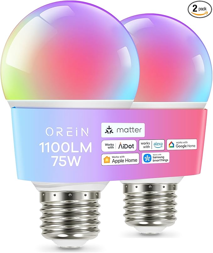 OREiN Matter Smart Light Bulb, 1100 Lumens 75W Equivalent Smart Light Bulbs, Color Changing Light Bulbs Work with Apple Home, Alexa, Google Home, SmartThings, A19 Smart Bulbs 2.4Ghz WiFi, 2Pack