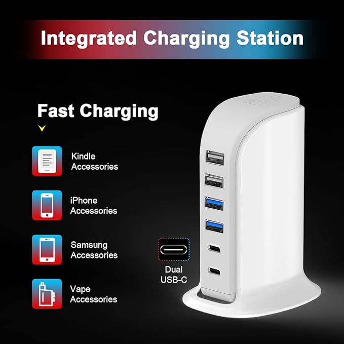 USB Charger Upoy, Charging Station for Multiple Devices 45W, Fast Charging Blocks with Dual Type C Ports, USB Charging Hub Organizer Multiport for iPhone, Ipad, Kindle, Travel Accessories