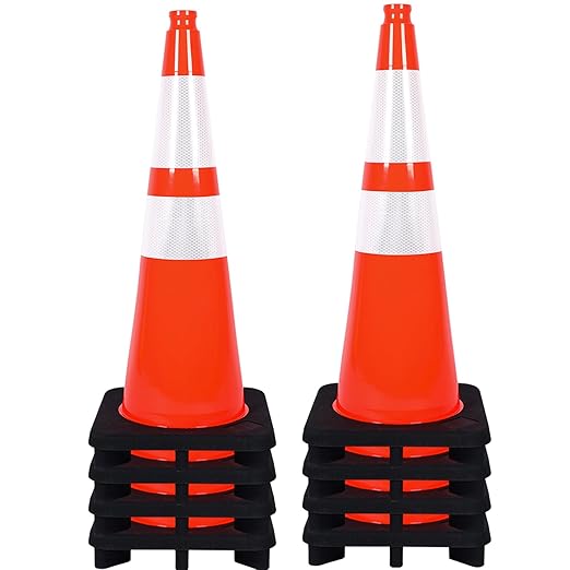 Traffic Cones 28 inch PVC Orange 8 Pack Heavy Duty Black Base Construction with Reflective Collars Fit Parking Lot,Driveway Road Traffic Control Safety Cones
