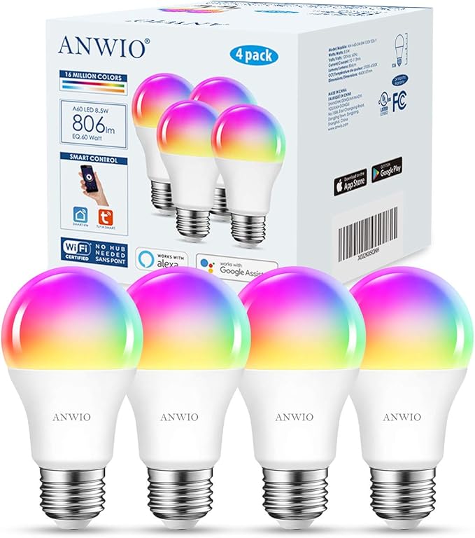 ANWIO 4-Pack Smart Light Bulbs 8.5W (60W Replacement) A19 E26 LED Bulb Work with Alexa, Google Assistant, Smart Life App, Tuya App, Color Changing, No Hub Required