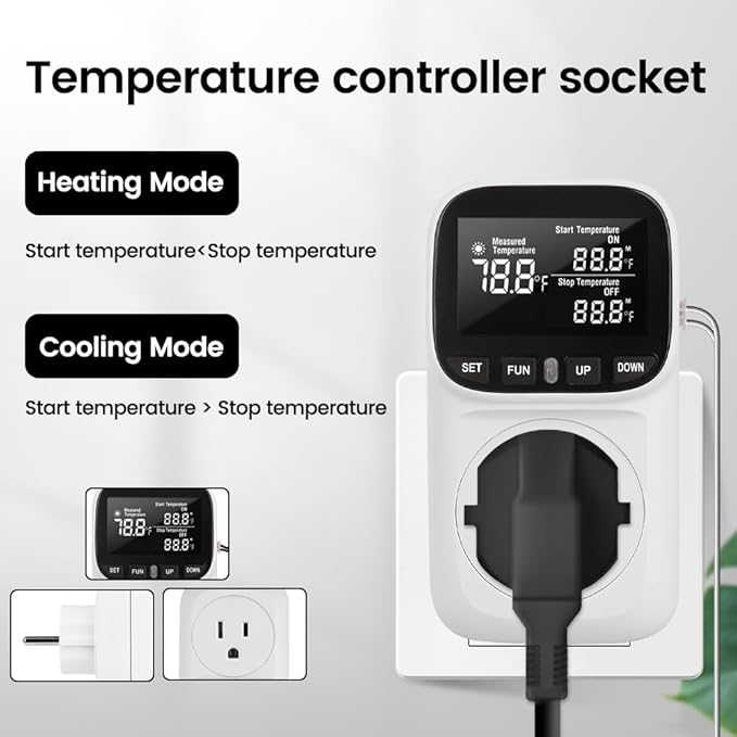 Diymore 1800W Digital Temperature Controller Plug in Thermostat Outlet Digital RV Thermostat Heating Cooling Mode Timer 15A /120V -104℉~210℉ for Incubator Thermometer Pool Thermometer