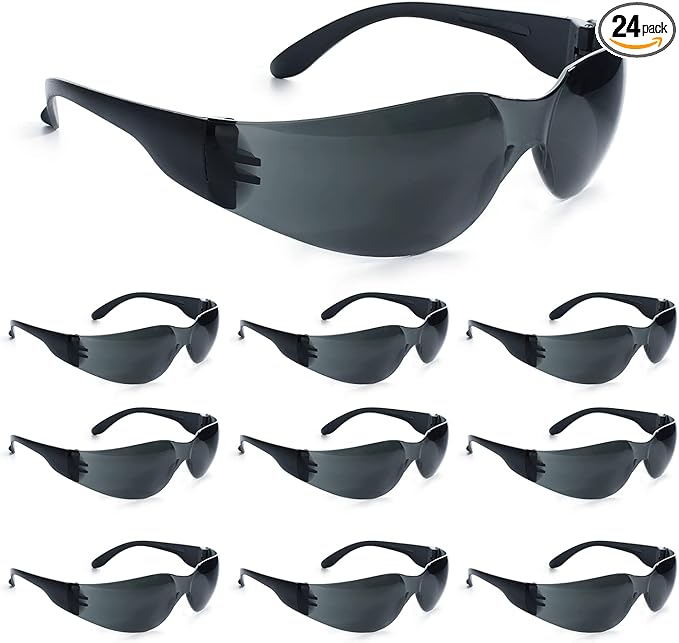 amoolo Tinted Safety Glasses Bulk of 24, Protective Safety Sunglasses, Dark Smoke Lenses for UV Protection, ANSI Z87.1 Impact Resistant Eye Protection for Work, Lab, Construction