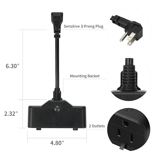 15A Outdoor Smart Plug, Heavy Duty Smart Home Wi-Fi Outlet Timer, Outlet with 2 Sockets, Wireless Remote Control, Compatible with Alexa & Google for String Light and Motors, 2.4 GHZ, Black