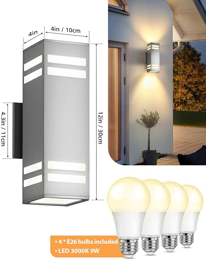 SHIMR Dusk to Dawn Outdoor Lighting 2 Pack, Up and Down Lights Stainless Steel Exterior Light Fixture with Photocell Sensor, Waterproof Modern Outside Lights for House Garage Porch, LED Bulbs Included