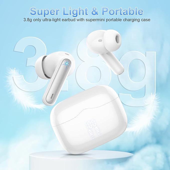 Wireless Earbud, Bluetooth 5.3 Headphones Deep Bass with 4 HD Mics, Wireless Headphones in Ear 40H Playtime, Bluetooth Earphones with Light Weight, IP7 Waterproof Ear Buds for Android IOS, Snow White