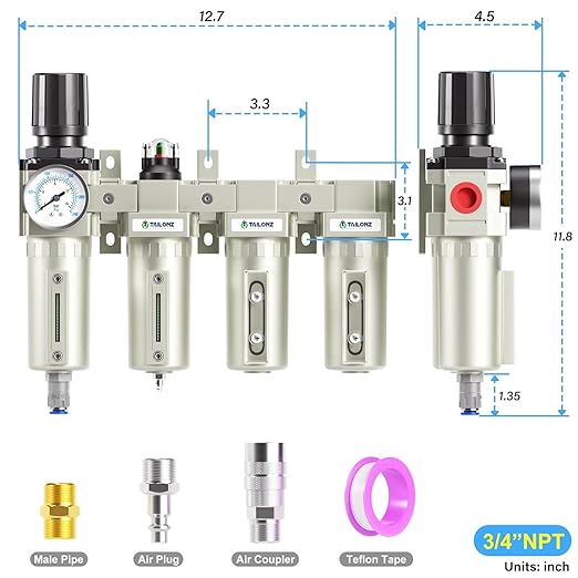TAILONZ PNEUMATIC 0-240PSI 3/4 Inch NPT Industrial Grade 4 Stage Air Drying System,Particulate Filter,Double Desiccant Dryer,5 Micron Filter and 0.01 Micron Filter(Automatic Drainage)