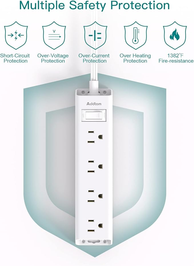 10FT Extension Cord - Power Strip Surge Protector, Flat Plug, Addtam 12 Widely Outlets 3 Sides Outlet Extender, 900J, Wall Mount, Desk Charging Station Compact for Home Office Dorm Room Essentials