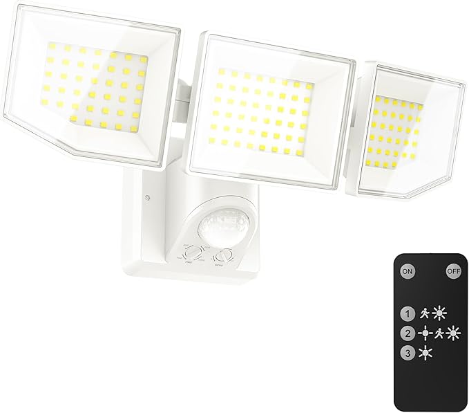 38W LED Security Lights Outdoor with Remote Control, 7500LM Motion Sensor Floodlight, 3 Modes, 6500K, IP65 Waterproof, Dusk to Dawn 3-Head Fixture for Garage, Yard, Porch (White)