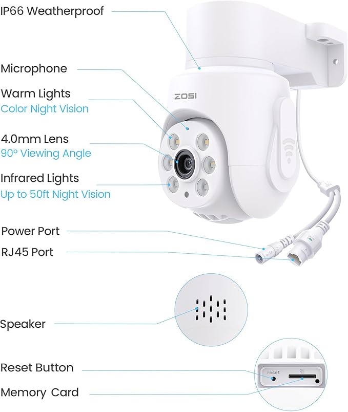 ZOSI 3K 5MP Plug-in Wired WiFi Security Camera, Wi-Fi 6 New Technology, PT Wireless Camera with Auto Track, AI Person Detect, Color Night Vision, Smart Light & Siren Alert, 2-Way Audio, Local Storage