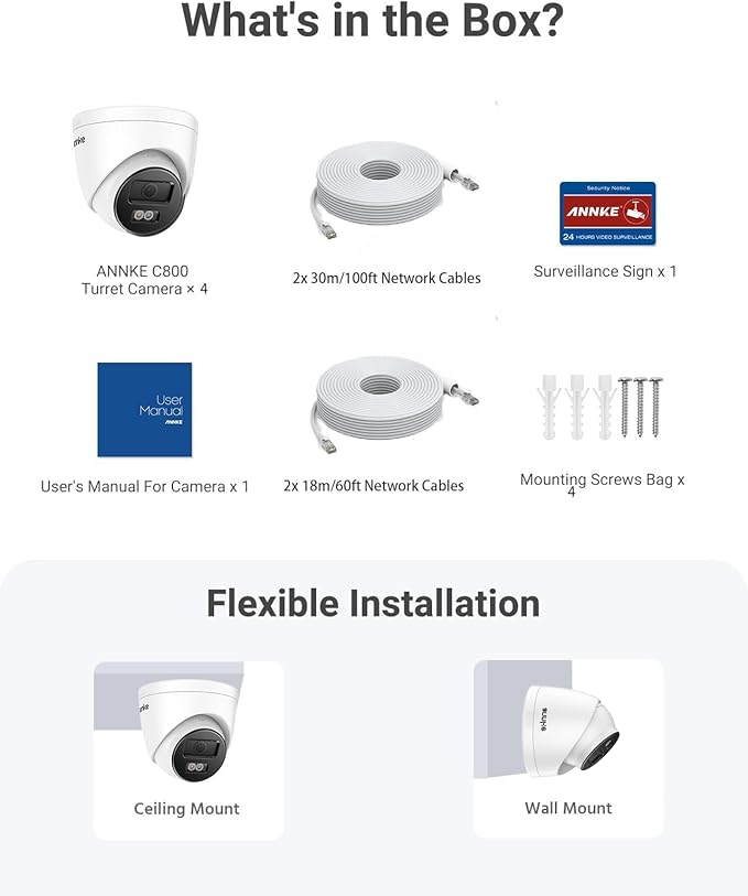 ANNKE C800 4Pcs Ultra HD 4K PoE Security Cameras with AI Human/Vehicle Detection, 8MP Turret IP Camera with Audio, Spotlight Color Night Vision, H.265+, IP67 Weatherproof, Support 512GB Micro SD