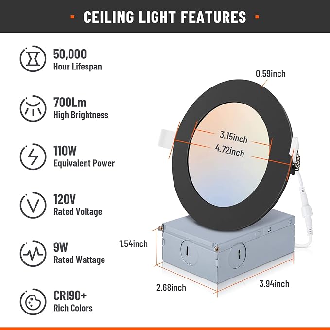 2 Pack Recessed Lighting 4 Inch with Junction Box, 5CCT 4 Inch Black LED Recessed Lights Dimmable 2700K/3000K/4000K/5000K/6000K, 9W 700lm Ultra Thin Recessed Lighting - ETL and Energy Star Certified