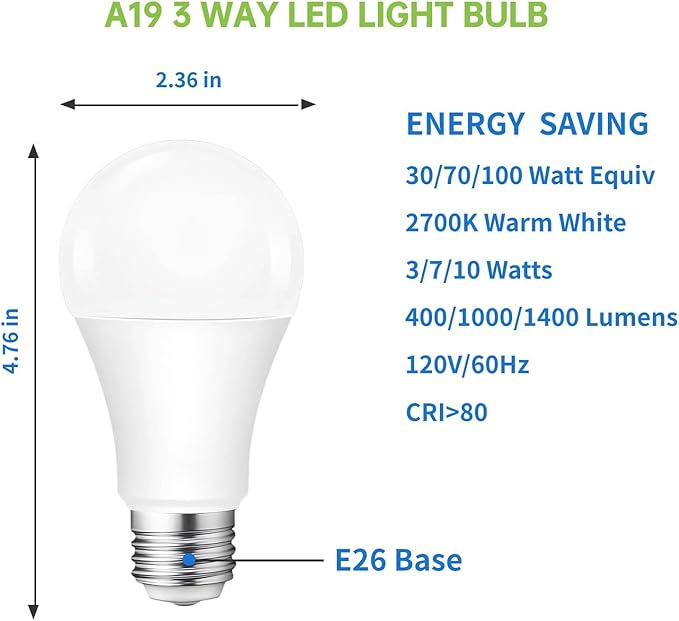 VVH 3-Way LED Light Bulb 3/7/10W - 30/70/100W Equivalent Warm White 2700K, A19 E26 Base Three Way Light Bulbs for Reading, Table & Floor Lamps | 3-Level Dimmable Indoor Bulbs(4-Pack)