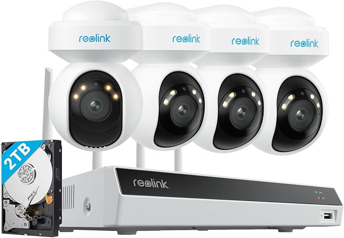 REOLINK 4K PTZ Wi-Fi 6 Security Camera System, 4pcs WiFi Cameras Outdoor with 10X Digital Zoom, Motion Track, Smart Detection, Color Night Vision,16CH Wi-Fi NVR with 2TB HDD, RLK12-800WPT4