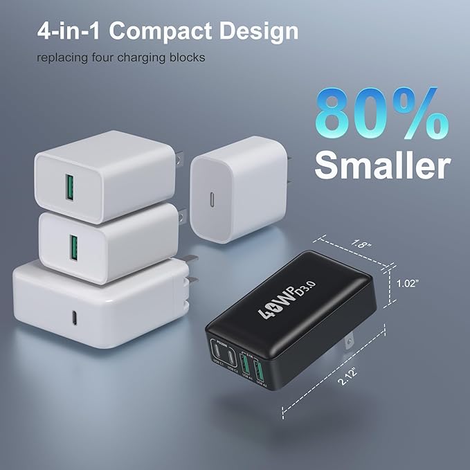 Excgood USB C Charger Block 40W, 4-Port Flat USB Wall Charger Adapter Multiport Dual PD+QC Foldable Slim Fast Charging Plug Compatible for iPhone 16 15 Pro Max 14 13 iPad Watch Galaxy S23,2Pack Black