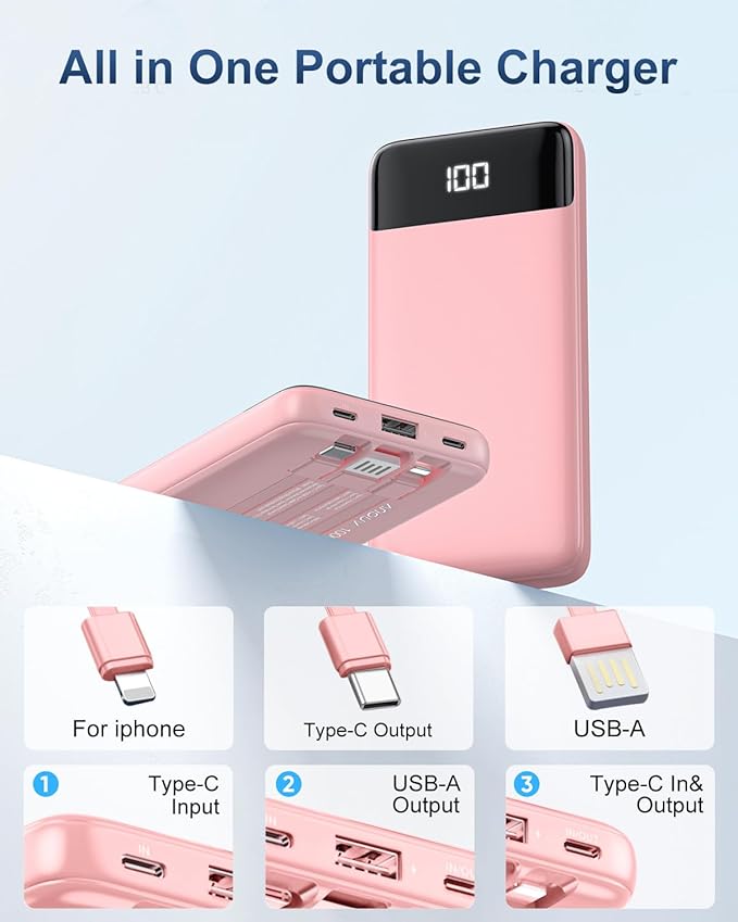Portable Charger with Built-in Cables 10000mAh Power Bank with Cords, Slim Fast Charging Battery Pack, Travel Essential Portable Charger for iPhone 17/16/15/14/13 Series, Samsung Google Pixel iPad