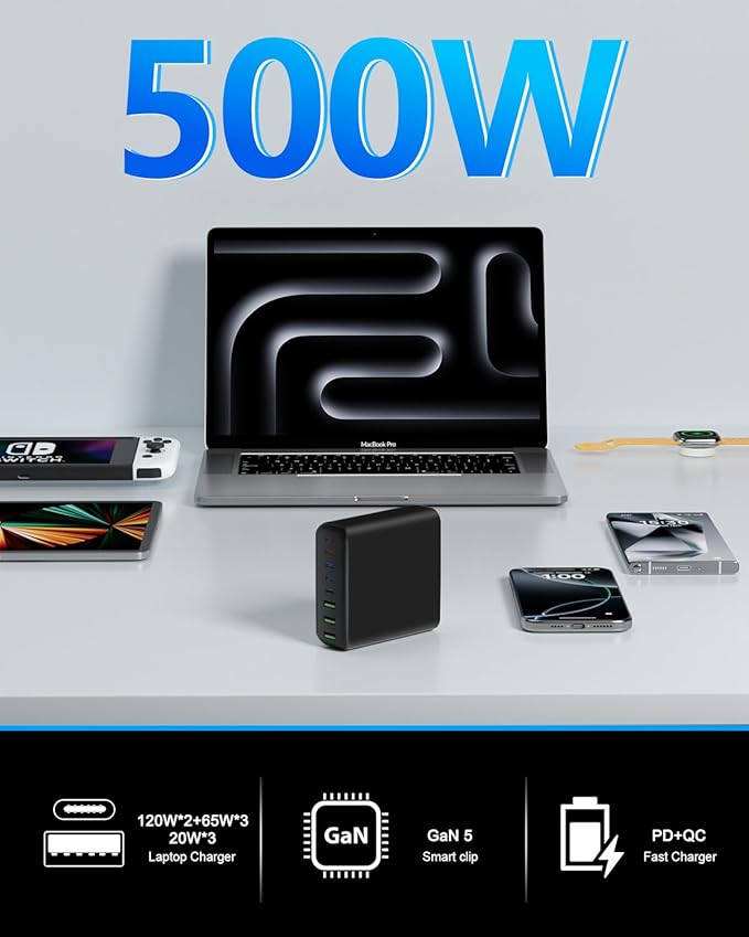 500W USB C Charger Block, 8-Port USB C Charging Station Fast Charging PD 120W PC Laptop Charger Adapter Compatible with MacBook Pro/Air/All iPad,DELL, iPhone 16/15/14/13/Pro Max/Galaxy