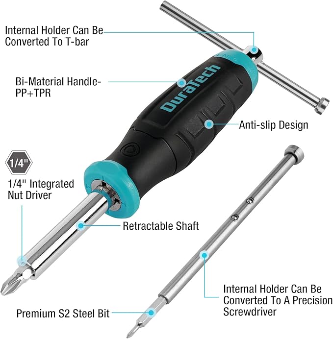 DURATECH Multi-bit Screwdriver Set, 18-in-1 Screwdriver with T-bar and Precision Screwdriver Stored in Shaft, Phillips/Slotted/Torx/Square, Professional All in One Tool Kit for Repairing