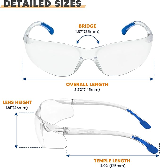 Clear Safety Glasses 24pk, Protective Eyewear UV Protection ANSI Z87.1, Safety Goggles Scratch& Impact Resistant Eye Protection for Men Women Work Construction Lab Clear& Blue Frame