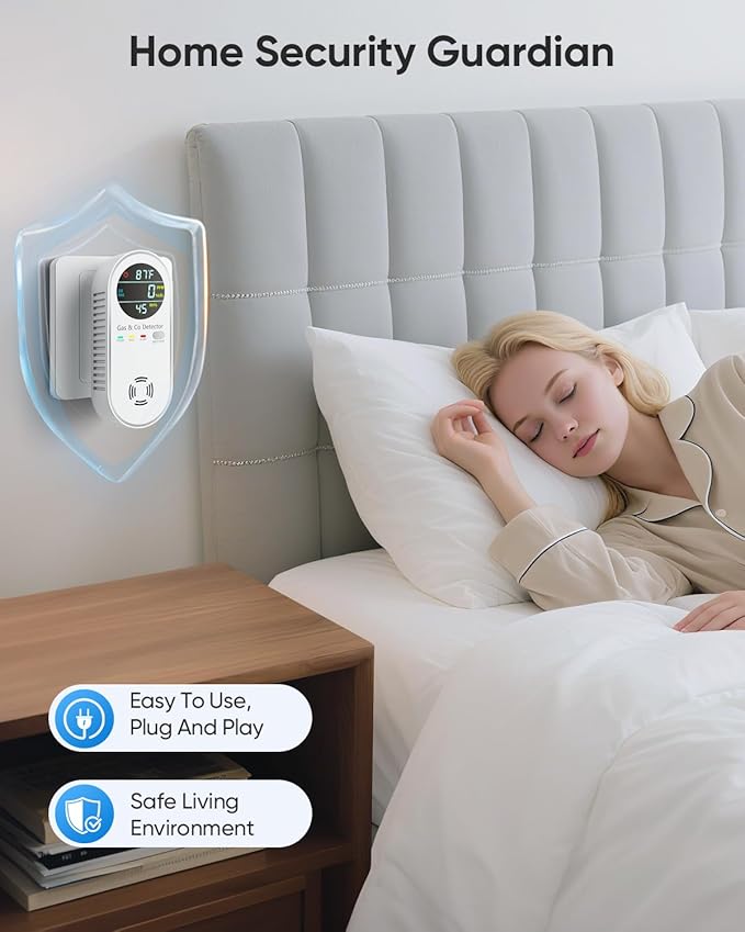 Carbon Monoxide Detectors & Natural Gas Detector, 4-in-1 Carbon Monoxide Detectors Plug in, Gas Leak Detector with Dual Alarms, Temperature & Humidity Sensor for Home, RV Essentials, White, 1 Pack