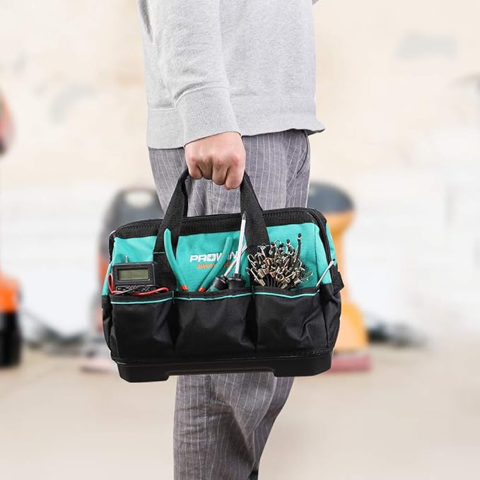 Prowin 14-inch Tool Bag, Multi-pocket Tool Organizer with Plastic Waterproof Bottom, Wide Mouth Tool Tote Bag with Inside Pockets for Construction, Carpentry, Gardening, Electrician, DIY