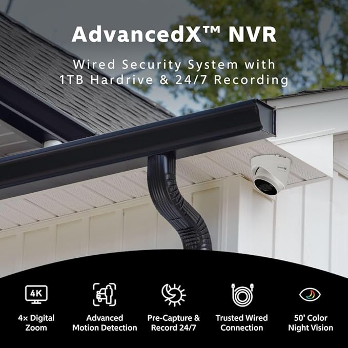 Swann AdvancedX™ Wired NVR 4K Security Camera System, 8 Channels, 8 PoE Dome Cameras Outdoor, 1TB HDD Storage, Color Night Vision, Smart AI Video Analytics/Alerts, Advanced Motion Detect