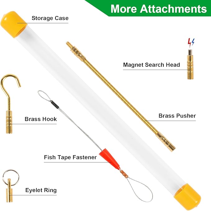 14FT Wire Fishing Tool Fish Tape Cable Rods, Bright Green Wire Puller with 5 Different Attachments in a Carrying Case