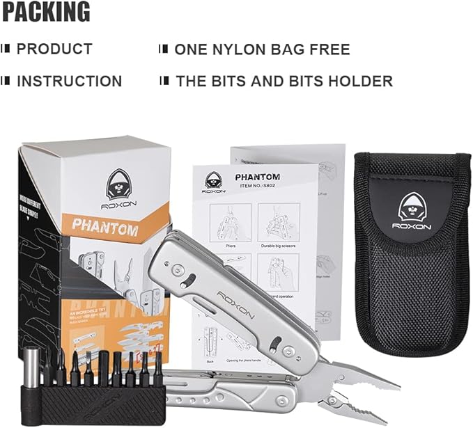 ROXON S802 16 in 1 Multitool Phantom Updated Version Multi Tool Pliers and scissors with Replaceable Knife and Wire Cutte (S802S)