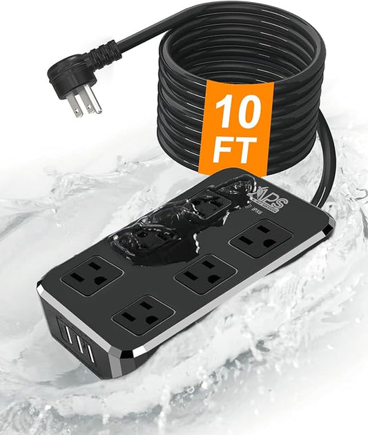 Outdoor Power Strip Weatherproof, Waterproof Surge Protector with 6 Wide Outlet with 3 USB Ports, 10FT Extension Cord,1875W Overload Protection,Outlet Extender for Christmas Lights ETL Listed Black